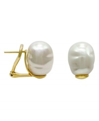 From the island of Mallorca, Spain, these 18k gold over sterling silver earrings feature white baroque organic man-made pearl (14 mm) with a 14k gold post.