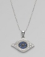 The iconic symbol of protection, in 14k white gold with black and white pavé diamonds and blue sapphires, on a white gold ball chain. Diamonds, 0.26, tcw Sapphires 14k white gold Chain length, about 16 Pendant width, about ½ Lobster clasp Imported