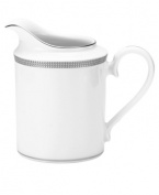 Go platinum. Solid bands and three tiers of sparkling squares in white porcelain give the Pembroke Platinum creamer a look that's festive yet refined. A brilliant addition to a contemporary dinnerware collection by Noritake.