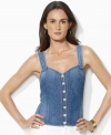 Antiqued metal buttons and timeworn fading imbue Lauren Jeans. Co.'s chic denim corset with effortless, vintage appeal.