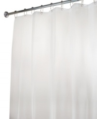 Featuring durable polyester in clear frosty hue, the Eva shower curtain liner protects your bath from stray splashes while conveniently blending with any decor. Also boasts reinforced button holes with rust-proof metal grommets and a structured top hem.