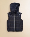 He'll be ready for anything in this reversible vest with statement script embroidered onto the back.Attached hoodZip frontFront zip pocketsPolyesterHand washImported