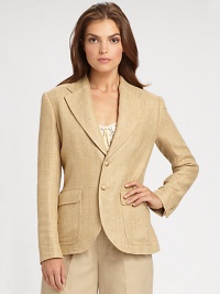 A luxurious combination of linen, silk and wool gives this classic herringbone jacket with a lean fit, must-have status.Notched collarLong sleevesButton frontPatch pocketsBack yokeBack ventAbout 26 from shoulder to hem76% linen/18% silk/6% woolDry cleanImported Model shown is 5'9½ (176cm) wearing US size 4. 