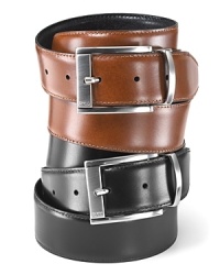 Classic dress belt with silvertone buckle. Reversible belt with brush finished buckle and keeper.