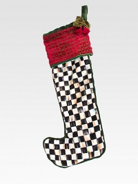 Hang this stocking by the chimney with care, in Courtly Check velvet with a luxuriously embroidered cuff.HandmadeVelvet holly leaves and berriesSilky liningCotton/rayon velvet27L; 10 top openingSpot cleanImported