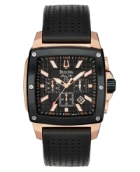 Designed to mesmerize. This Bulova watch features a perforated black leather strap and rose goldtone stainless steel case. Textured black chronograph dial with rose goldtone applied stick indices, logo, date window and three subdials. Quartz  movement. Water resistant to 100 meters. Three-year limited warranty.