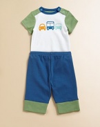 Get your little one moving in this handsome three-piece set with automobile printed bodysuit, matching pants and hat.Crewneck with shoulder snapsShort sleevesBottom snapsElastic waistbandElastic waistbandCottonMachine washImported Please note: Number of snaps may vary depending on size ordered. 