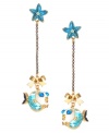 Enchantment under the sea. Betsey Johnson's mismatch earrings feature turquoise starfish with gold tone details and crystal accents, gold tone bows and blue fish with gold tone details and crystal accents. Crafted in gold-plated mixed metal. Approximate drop: 3-1/4 inches.