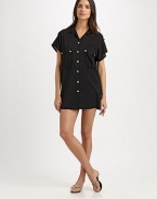 Gold buttons add an elegant touch to this tailored coverup. Button-front styleShort sleevesFront patch pockets95% polyester/5% spandexHand washImported