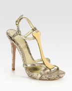 Fronted by a t-strap with goldtone metal plating, this metallic python go-to has an adjustable slingback strap and slight platform. Self-covered heel, 4 (100mm)Covered platform, 1 (25mm)Compares to a 3 heel (75mm)Python upperLeather lining and solePadded insoleMade in ItalyOUR FIT MODEL RECOMMENDS ordering one half size up as this style runs small. 