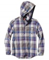 Bright accents on this woven hooded shirt from Quiksilver gives his outfit a modern zing.