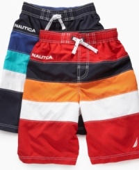 Dive in! He'll want to block out time for fun in the sun in these colorful, striped swim trunks from Nautica.