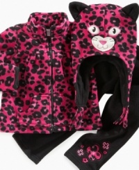 She'll be the cat's meow in this fun and comfy jacket, pant and hat set from Nannette.