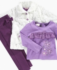 No more worries about what goes with what. Nannette puts together a perfectly adorable faux fur jacket, top, and pants.