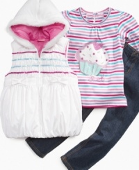 Cute as a cupcake, she'll get a sweet style in this adorable hooded vest, striped tee and denim leggings set from Nannette.