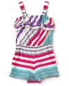 This summer, it's all about stripes. Splendid announces the season with a multi-striped romper trimmed with spaghetti straps, gathered waist and 2-tier ruffles along the chest.