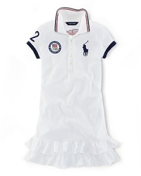 A preppy cap-sleeved polo dress in breathable stretch-cotton mesh is accented with London embroidery, celebrating Team USA's participation in the 2012 Olympics.