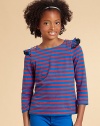 Both sporty and playful, this striped tee features charming buttons and pretty ruffles.BoatneckBack button closureThree-quarter sleevesButton and ruffle details at shouldersCottonMachine washImported