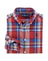 A signature button-down design is rendered in lightweight cotton plaid for a classic must-have.