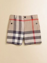 Classic checks blown way up are both handsome and sporty on pure cotton shorts.Elasticized back waist with single button and belt loopsZip flyFlat frontAngled button pocketsBack button-flap pocketsCottonMachine washImported