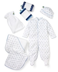 A perfect gift for the newborn boy in your life, this star-print set welcomes him into the world in style, with adorable footies, hat, blanket, towel and two burp cloths.