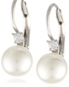 Sterling Silver White Shell Pearl and Cubic Zirconia Lever Back Earrings (8mm)