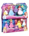 Four popular Disney Princess dolls in one complete gift set! Each princess doll is dressed in her own signature fashion and comes with an extra outfit. Includes 4 princesses and 8 fashions in packaging that doubles as a carrying case-plus the handle becomes a bracelet for the girl.