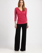 Flattering wide-leg silhouette, rendered in an easy stretch jersey knit.Mid-rise waistband Flat-front Inseam, about 33½ 70% rayon/27% polyester/3% spandex Dry clean Imported