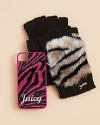 A perfect pair for the tech savvy lady in your life. This dazzling iPhone case comes with a ribbed fingerless glove adorned with a tuft of striped fur and Juicy Couture embroidery at the wrist.