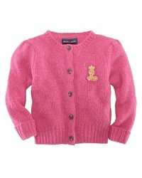 A preppy, patched cardigan is knit in a luxuriously soft wool and angora blend.