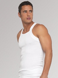 Square cut signature tank in soft, lightweight pima cotton microfiber. Ribbed with solid trim Machine wash Imported