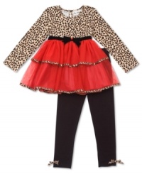 Super adorable 2-piece set by Rare Editions includes a leopard top tutu with bright tiers and accented bow waist plus solid leggings with cute leopard bow at ankles.