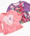 Purple or pink? A colorful garden prettifies the purple t-shirt and the pink t-shirt is decorated with a heart shape mix of white flowers.  Two pretty and girlie long sleeve t-shirts by First Impressions.