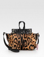 A slouchy shape in super-chic leopard-printed pony hair, finished with rich calfskin leather accents and side gussets. Double leather top handles, 2½ dropLeather shoulder strap, 18 dropMagnetic snap closureOne inside zip pocketOne inside open pocketCotton lining7¾W X 7¼H X 4DImported