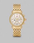 From the CSX Collection. A dazzling diamond accented design with a technical chronograph dial on a goldtone bracelet.Swiss quartz movementWater resistant to 5 ATMRound goldtone stainless steel case, 36mm (1.4)Diamond accented bezel and markers, .64 tcwMother-of-pearl chronograph dialDate function at 6 o'clockSecond handGoldtone stainless steel link braceletImported