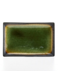 Earthy hues of amber, sienna and jade become otherworldly with reactive glaze. This intense color coupled with a sharp rectangular shape produces a serving platter with stunning beauty and contemporary flair. From The Cellar's collection of dinnerware and dishes.