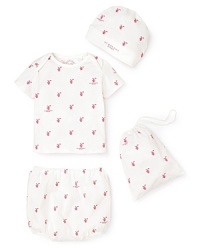 A gorgeous, very gift-able infant set, including a printed hat, tee and bloomer--all bundled in a matching drawstring bag.