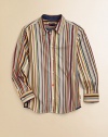 This smart and sophisticated dress shirt sports a rainbow of stripes and a contrast floral pattern along the inner sleeves and collar.Point collarLong sleeves with button cuffsButton front with single contrast buttonCurved hemCottonMachine washImported of French fabricPlease note: Number of buttons may vary depending on size ordered. 