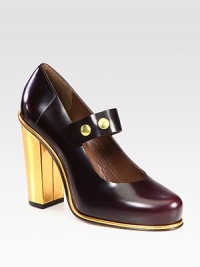 A goldtone block heel and adjustable metal snaps add modern appeal to this classic Mary Jane silhouette of supple leather. Metallic leather heel, 4 (100mm)Leather upperLeather lining and solePadded insoleMade in Italy