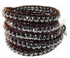 Journey Faceted Hematite Gemstone Wrap Bracelet on Genuine Brown Leather, Extra Long 5x Wrap Bracelet