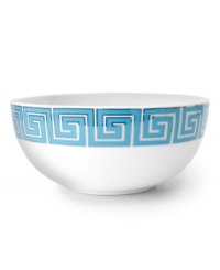 Dress up your table any day of the week with the dishwasher-safe and fabulously stylish Greek Key serving bowl. Jonathan Adler gives the ancient pattern a bold, modern feel in teal blue, bright white and shimmering platinum.