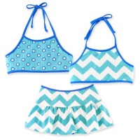 Chez Ami by Patsy Aiken Designs Girls Swim Two Piece Halter Top/Swim Mini Set Aqua/Blue/White Zig Zag Print UPF 50+ - Size 8