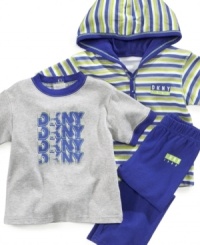 Introduce him to the classics with a touch of old school in this always-stylish t-shirt, hoodie and pant 3-piece set from DKNY.