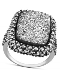 Genevieve & Grace know glam. This sparkling ring combines emerald-cut silver druzy with glittering marcasite edges. Set in sterling silver. Size 7.