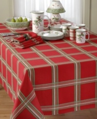 Dress up your table for the season with the Holiday Gatherings Plaid round tablecloth from Lenox. A festive Christmas palette and timeless, sophisticated style ensure enduring cheer from one celebration to the next.