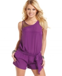 Feeling hot! Mesh insets add sheer appeal to this every day, belted romper from GUESS?.