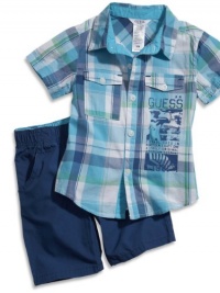 GUESS Kids Boys Baby Boy Plaid Shirt & Shorts Set (1, PLAID (12M)