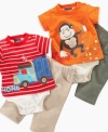 No matter how he prefers to get around, your sweet boy will be completely comfortable in one of these fun bodysuit and pant sets from Mini Bean.