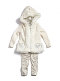 GUESS Kids Girls Little Girl Hooded Sweater With Faux Fur, CREAM (4)