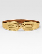 This wide metallic style has a goldtone brass buckle and is lined in supple calf leather. Width, about 3½ Made in USA 